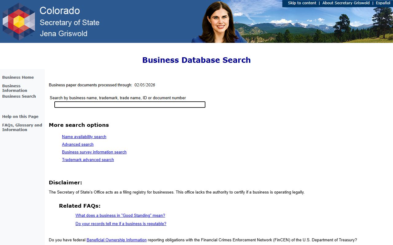 Colorado Secretary of State business entity search database