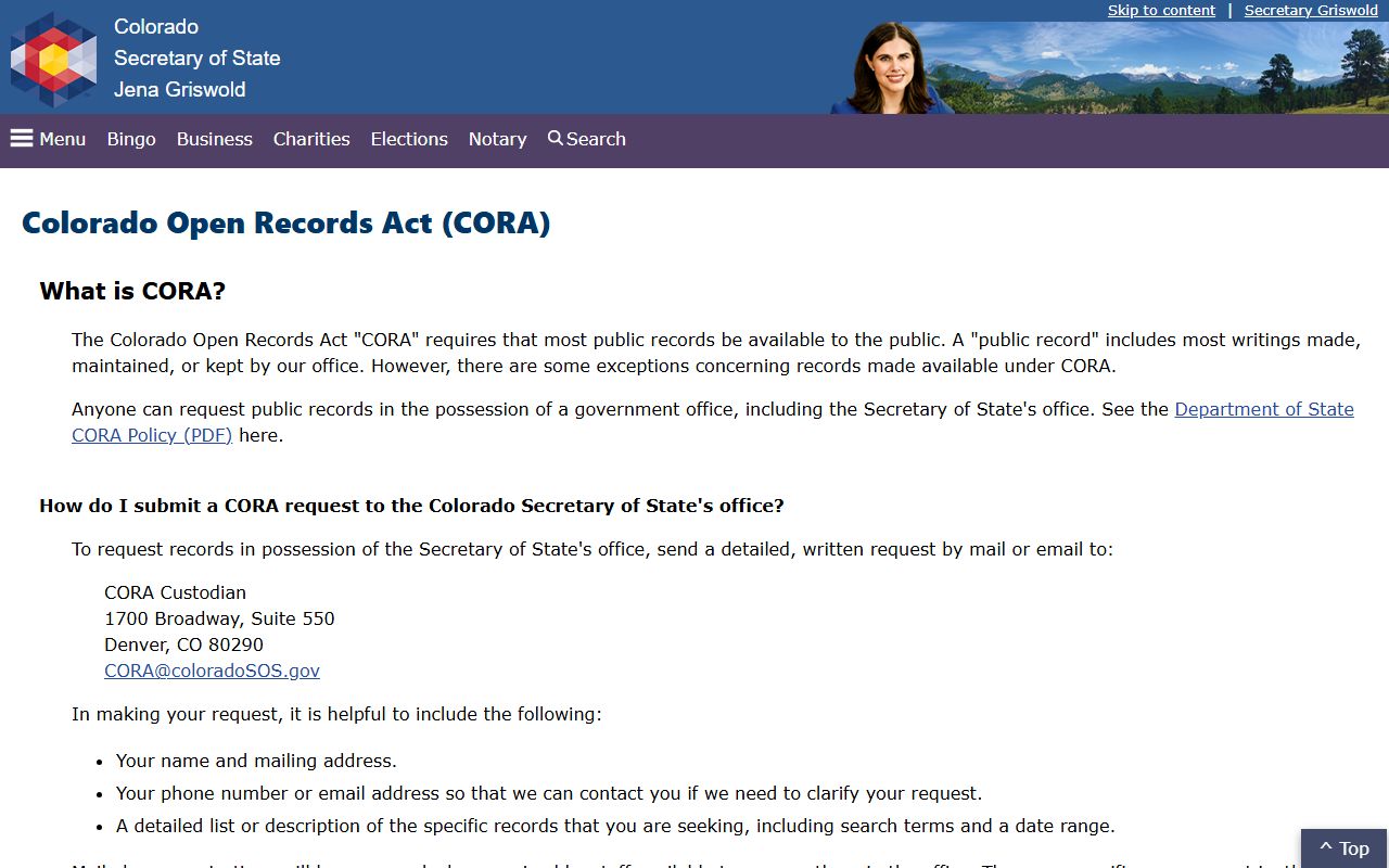 Colorado Open Records Act information from Secretary of State