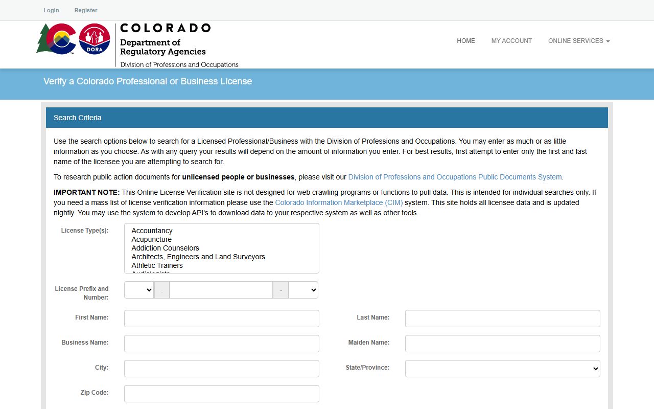 DORA professional license verification system